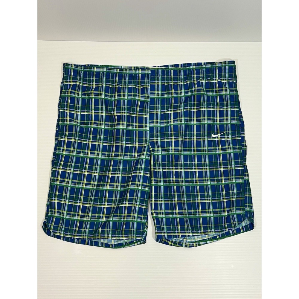 Nike Swoosh Board Shorts Swim Trunks Mens Size XXL Plaid Blue Green Drawstring